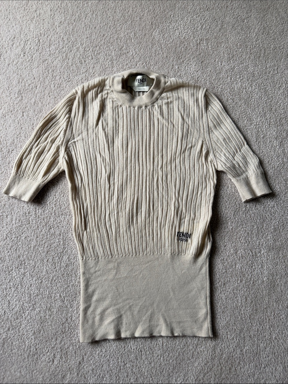 Fendi Cream Ribbed Knit Pullover